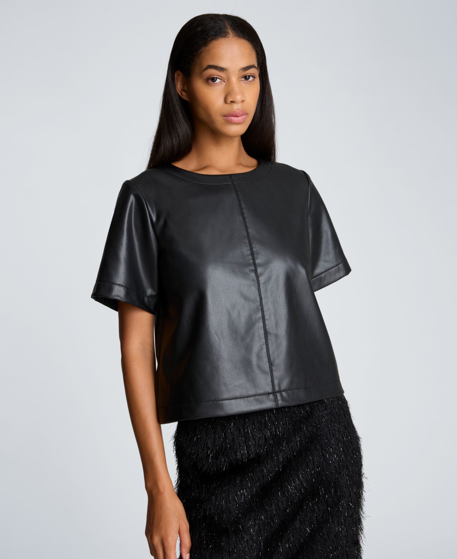 Women's Faux Leather Short Sleeve Crop T-Shirt