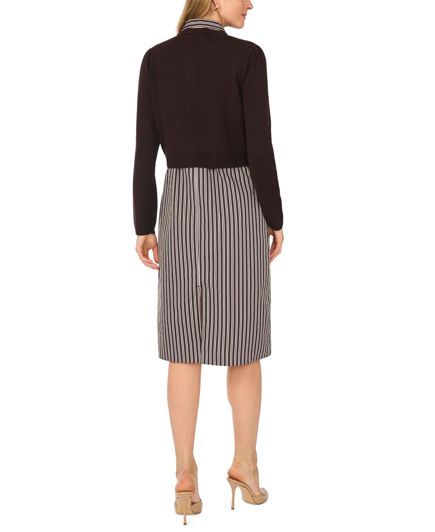 Women's Long-Sleeve Striped Cotton Midi Dress with Cardigan Sweater, 2-Piece Set