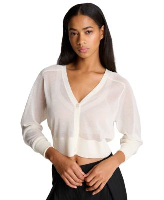 Women's Long-Sleeve Sheer Cropped Cardigan Sweater