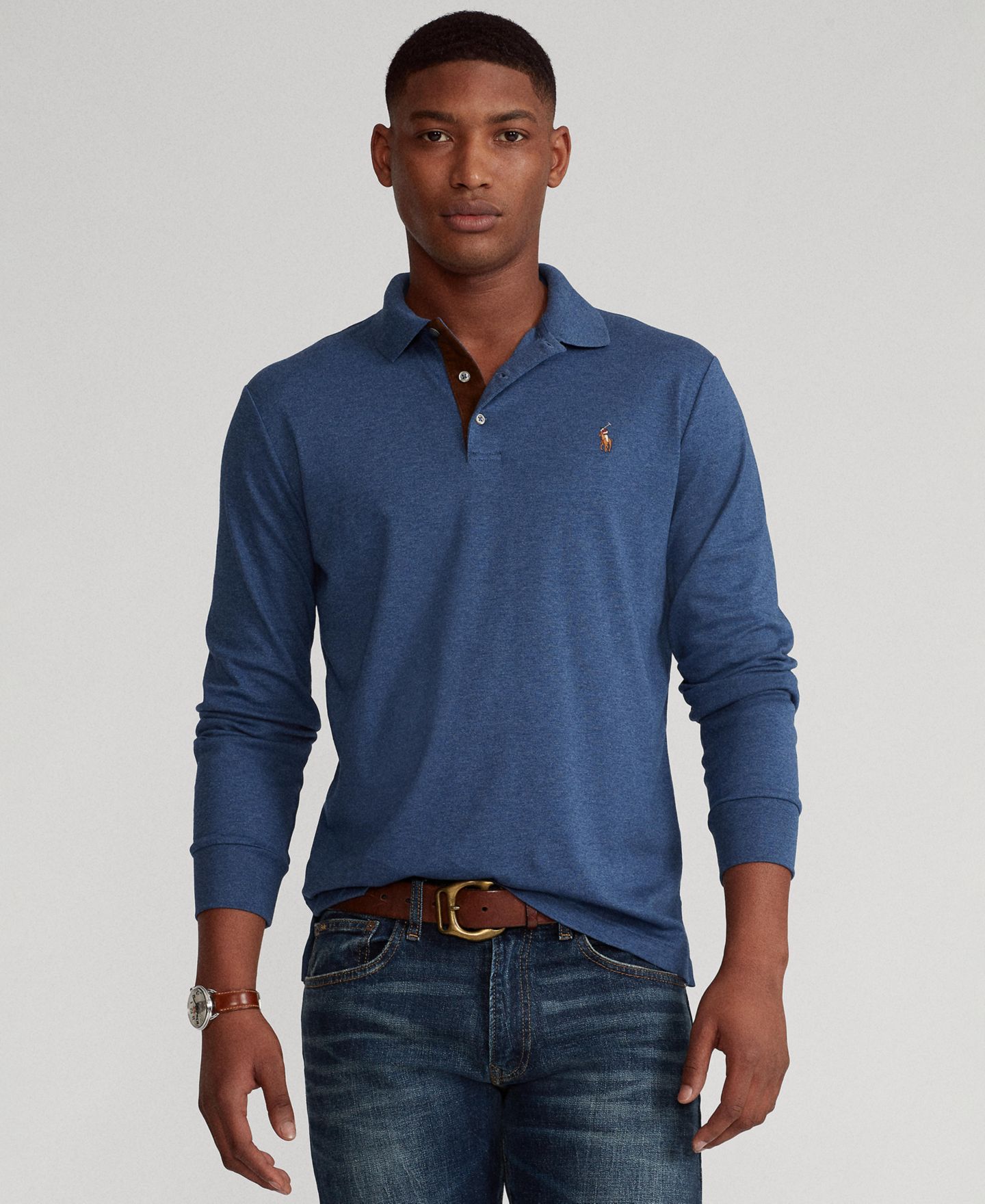 Мужское поло Polo Ralph Lauren Big & Tall Soft Cotton Long-Sleeve Polo Shirt, цвет: Синий меланжевый — фото 1