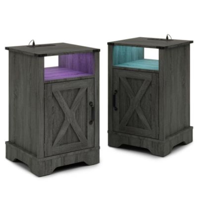 LED Nightstand Set of 2 with Charging Station, Farmhouse End Table with Storage