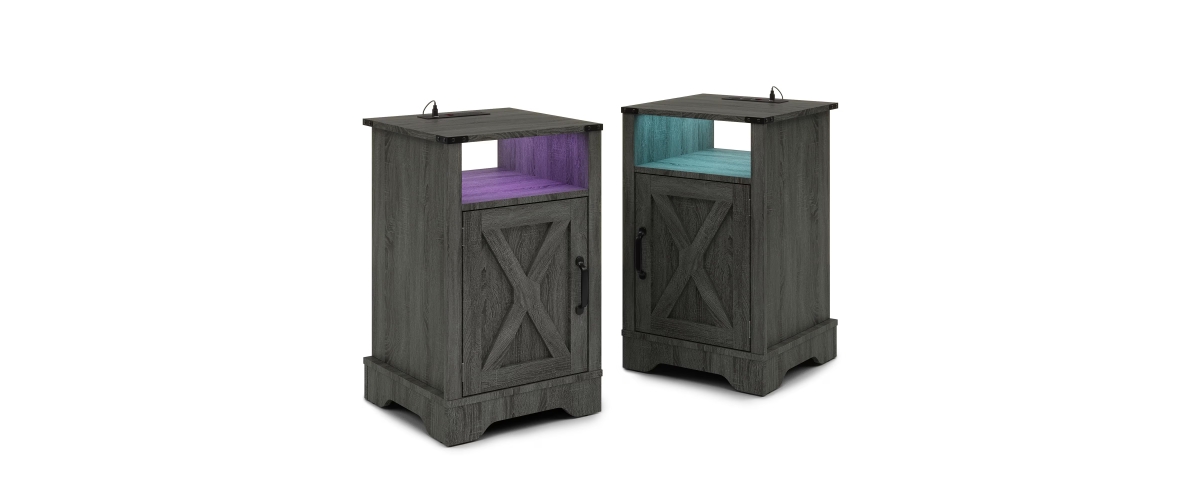 Flynama Led Nightstand Set of 2 with Charging Station, Farmhouse End Table with Storage