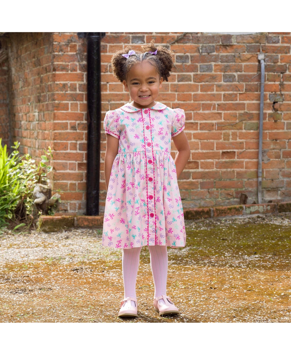 Rachel Riley Toddler Girls' 2T-5T Bow-Print Puff-Sleeve Peter Pan Collar Dress