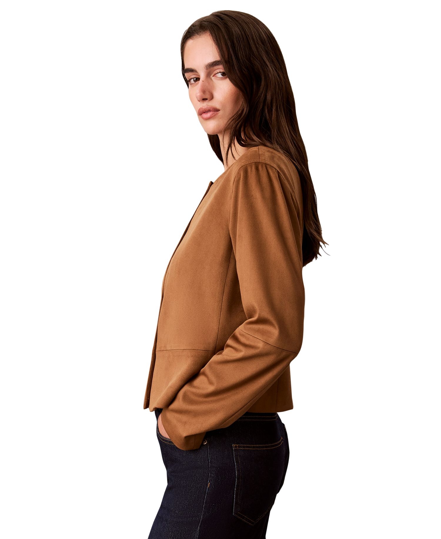 Women's Cropped Faux Suede Crewneck Jacket