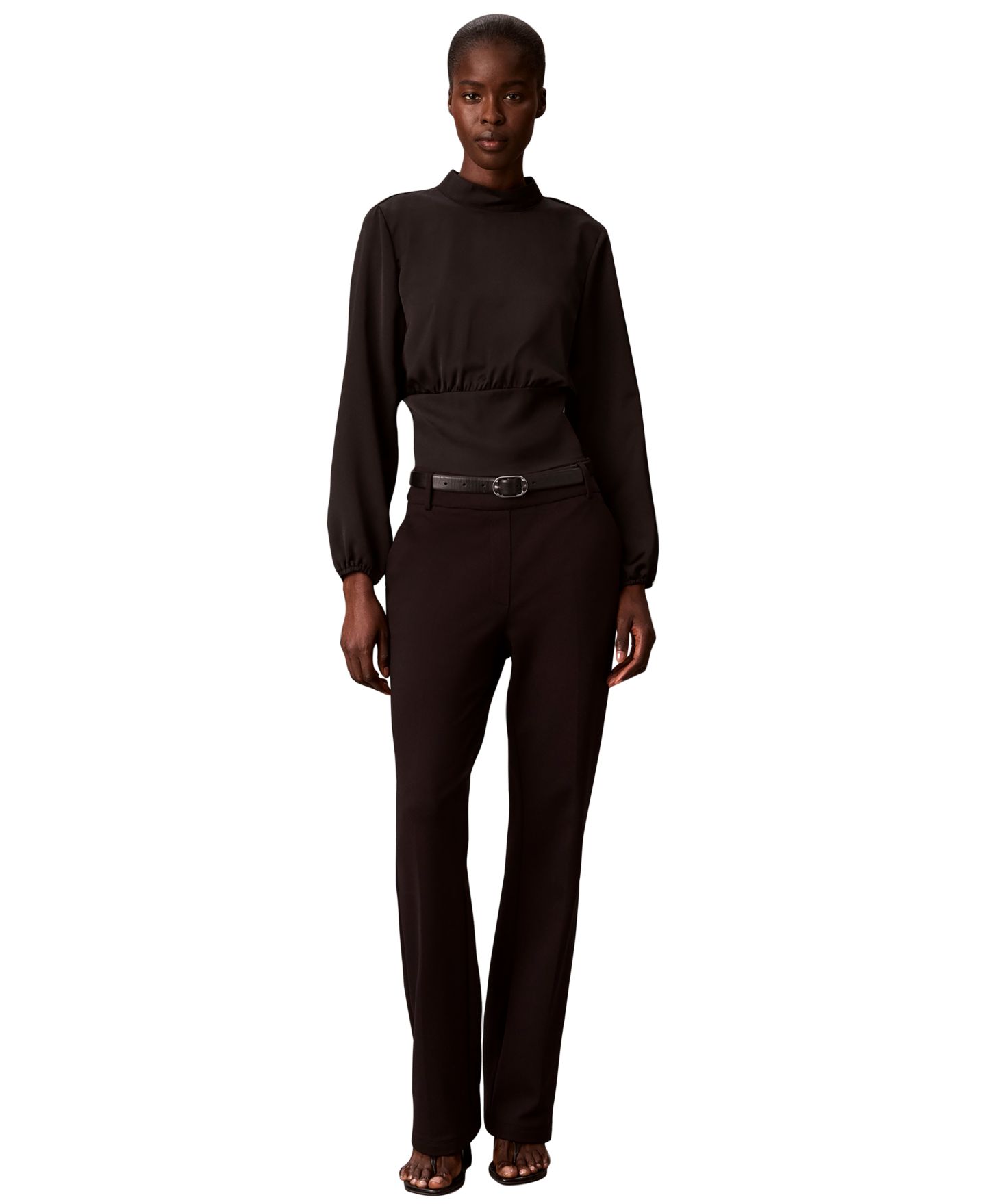 Женская блузка Calvin Klein Smocked Waist Satin Mock Neck Long-Sleeve, цвет: Чёрный — фото 2