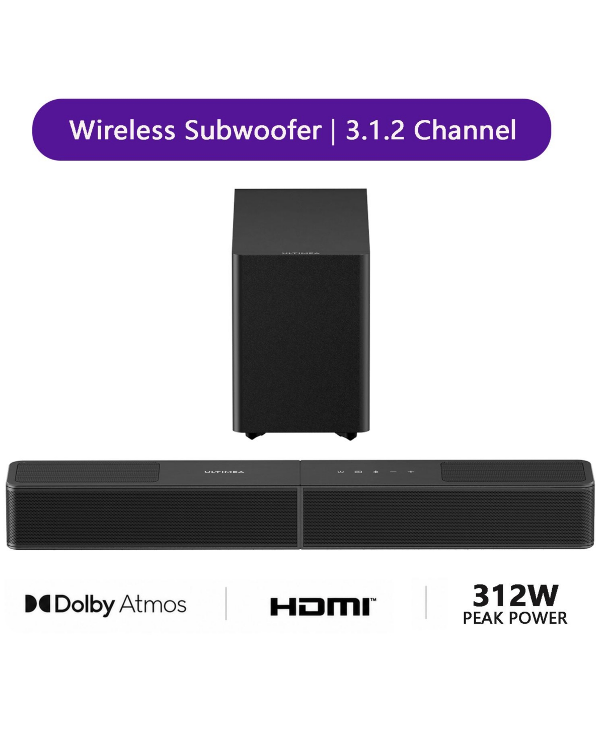 Ultimea Poseidon M70 3.1.2ch Dolby Atmos Sound Bar with Wireless Subwoofer,2 Up-Firing Drivers,312W Peak Power BassMX, Hdmi eARC - Black