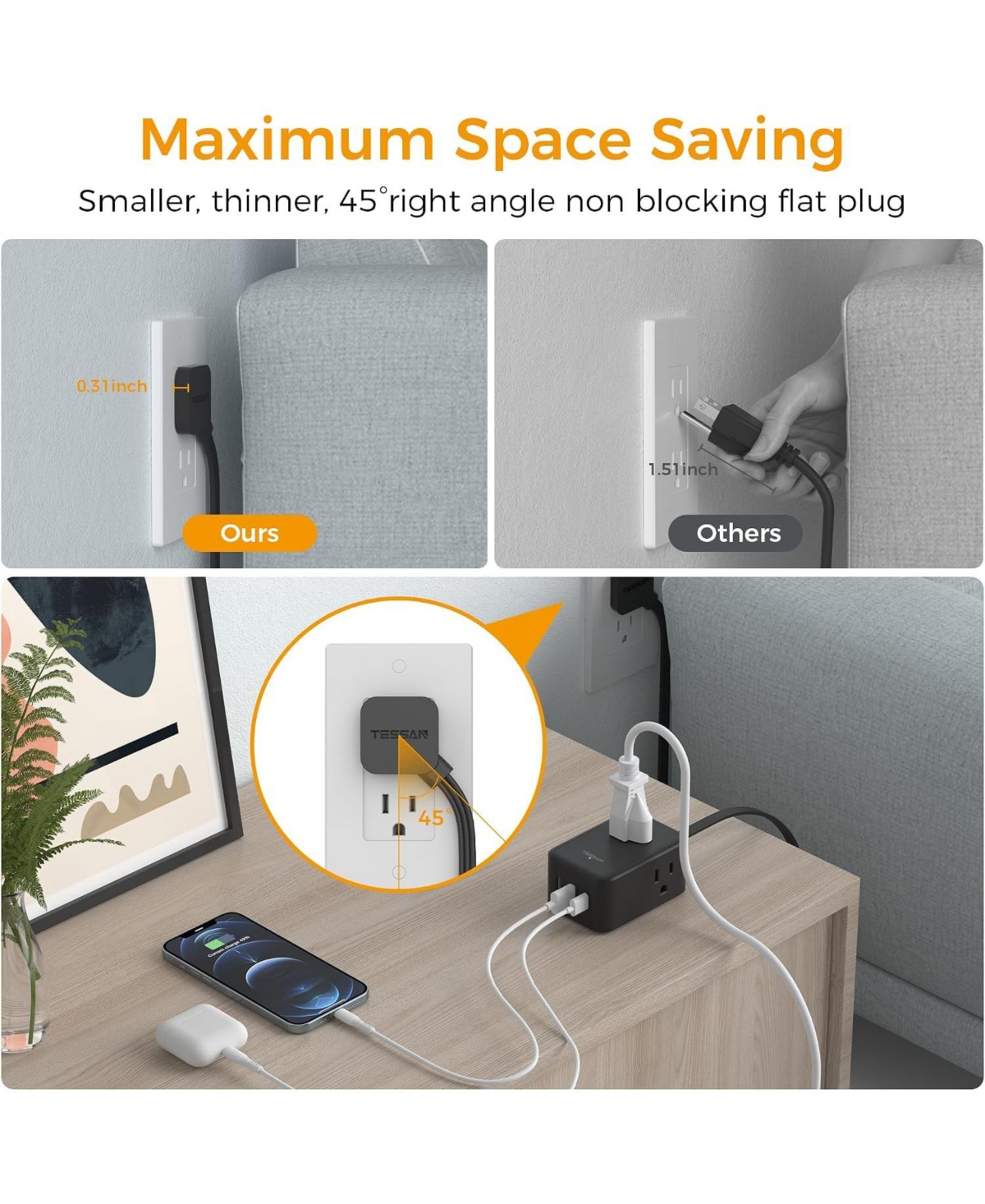 Tessan 5-Foot Flat-Plug Travel Power Strip with 3 Ac Outlets and 3 Usb Ports, Compatible with Most Usb Devices