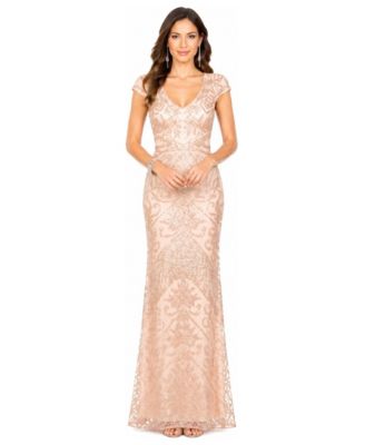 Plus Size Cap-Sleeve Beaded Fringe Gown
