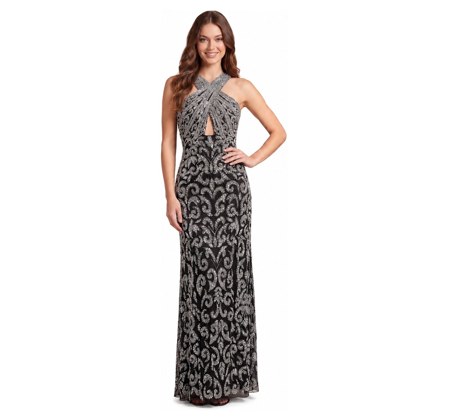 Plus Size Beaded Halter Front-Slit Dress