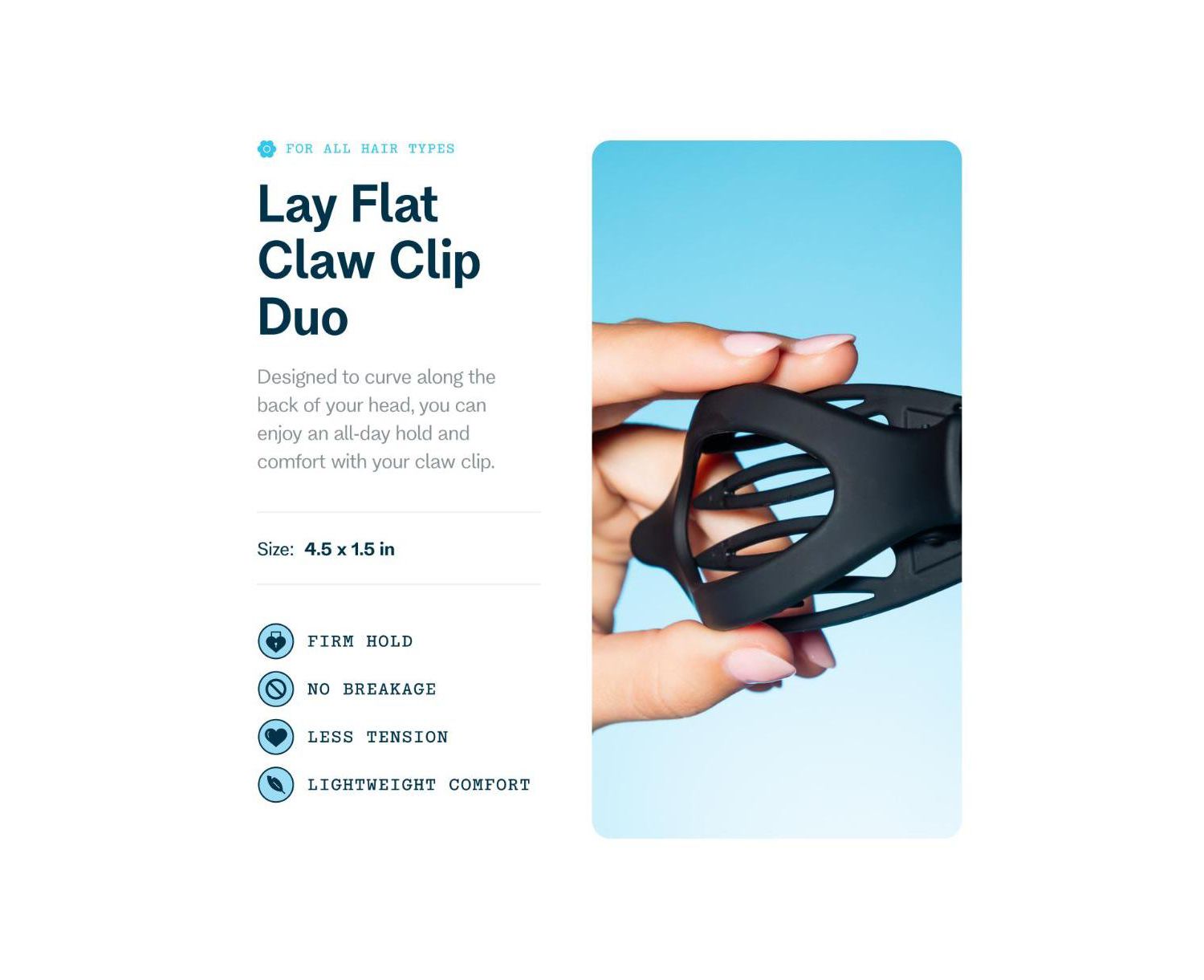 Lay Flat Curved Comfort Clip - Designed for Driving and the Headrest - Hair Accessory for All Hair Types- (2 Pack)