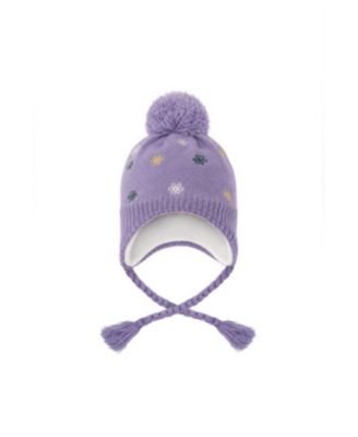 Girls' Winter Peruvian Knit Hat Embroidered Flowers Pompom Beanie
