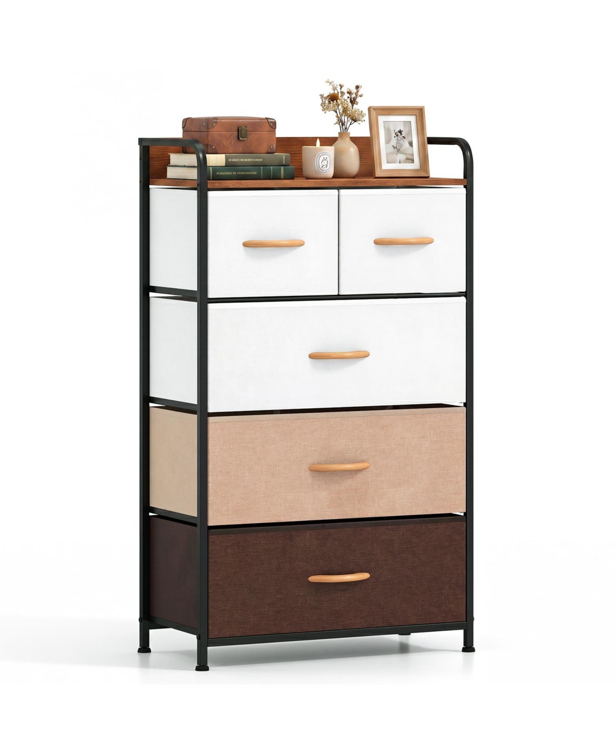 Gymax 5-Drawer Fabric Dresser with Removable Fabric Bins Wooded Top and Metal Frame