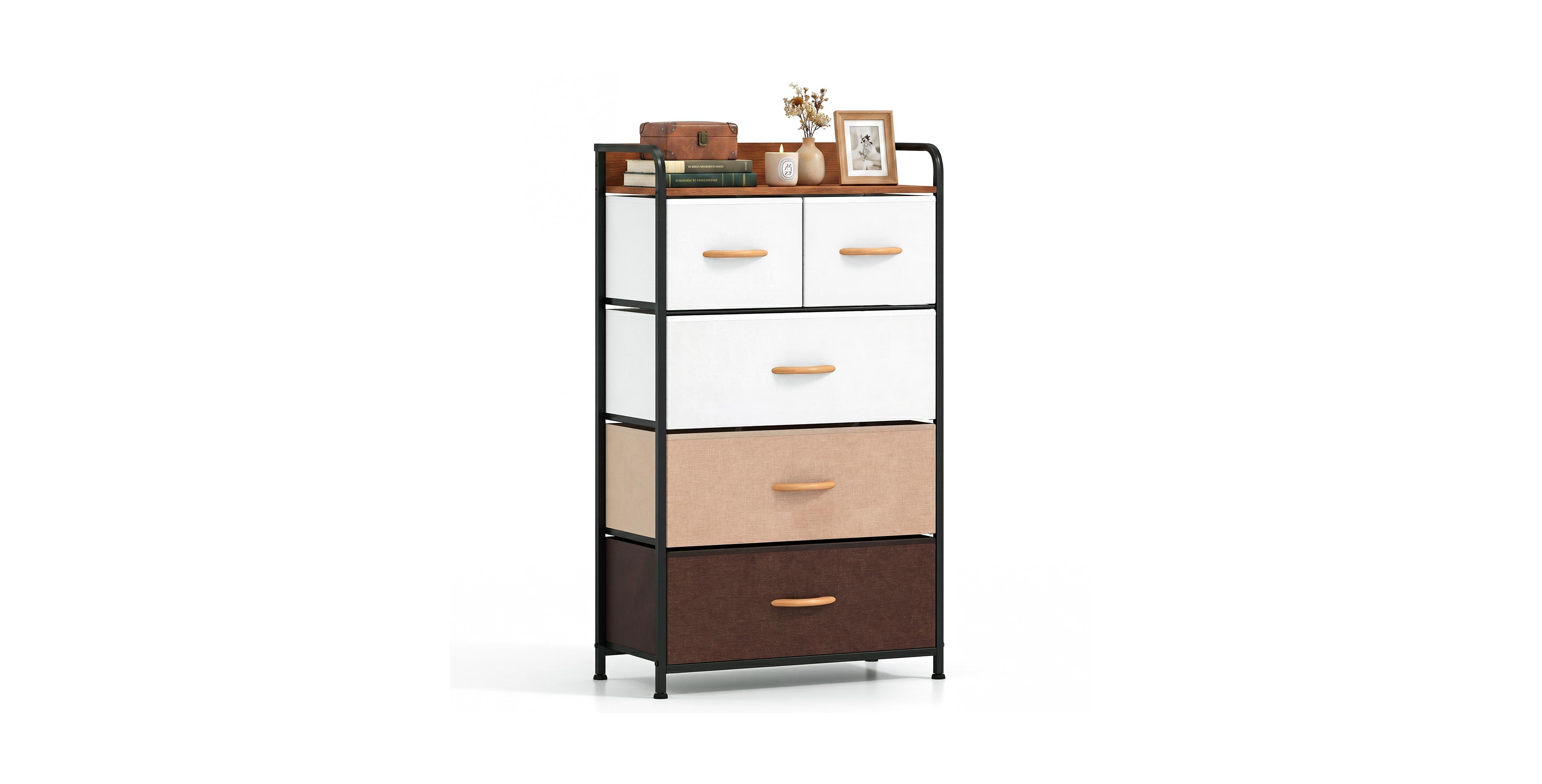 Gymax 5-Drawer Fabric Dresser with Removable Fabric Bins Wooded Top and Metal Frame
