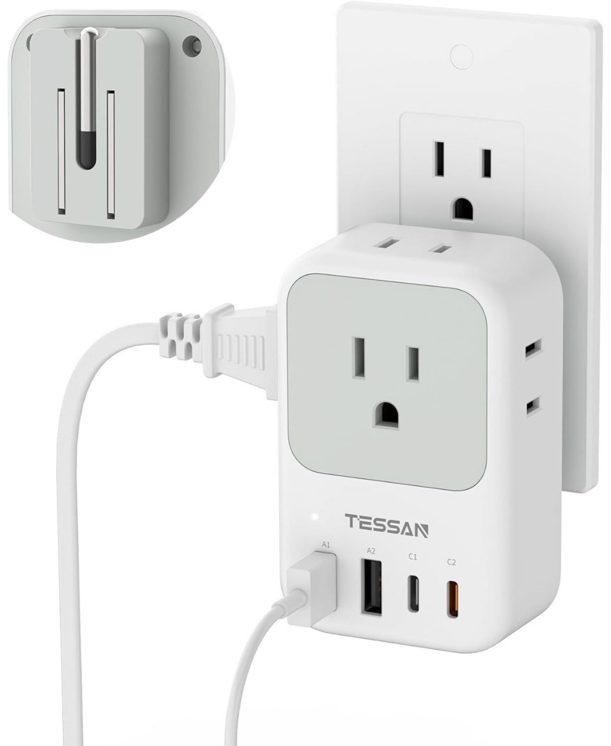 Tessan 20W Usb-c Foldable Wall Charger with Ac Outlets and Usb Ports for Compatible Devices - Gray