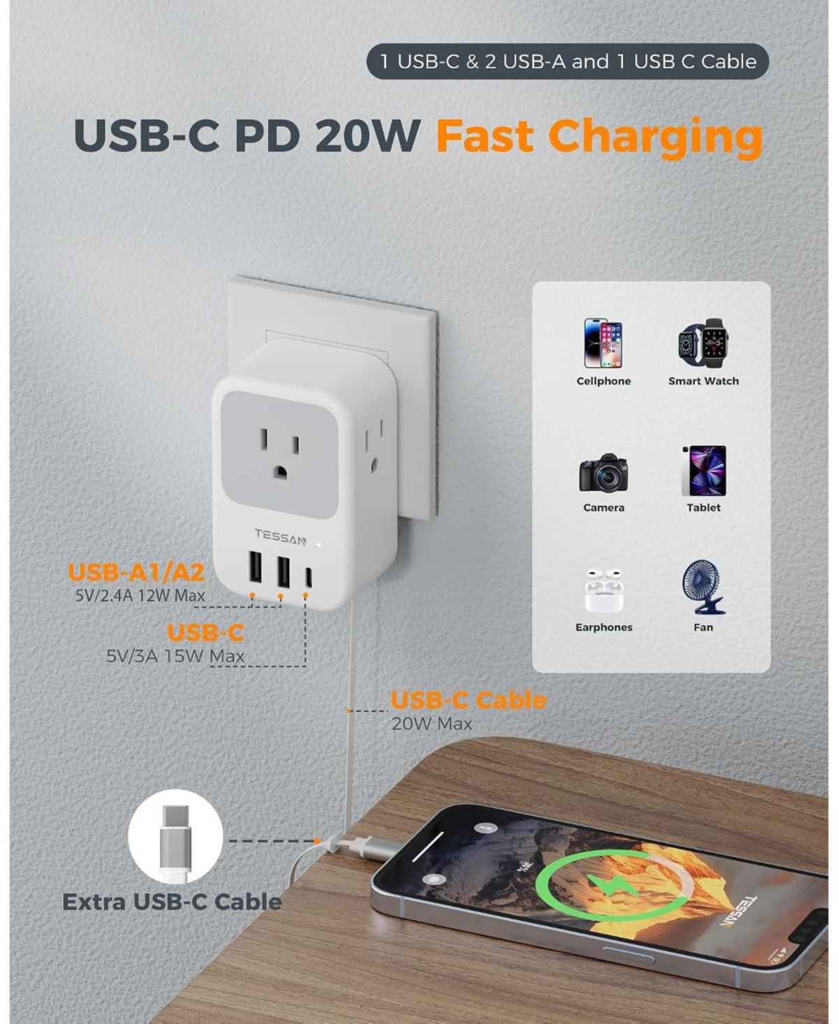 Tessan European Travel Plug Adapter with Retractable Usb-c Cable, 2-Piece Set