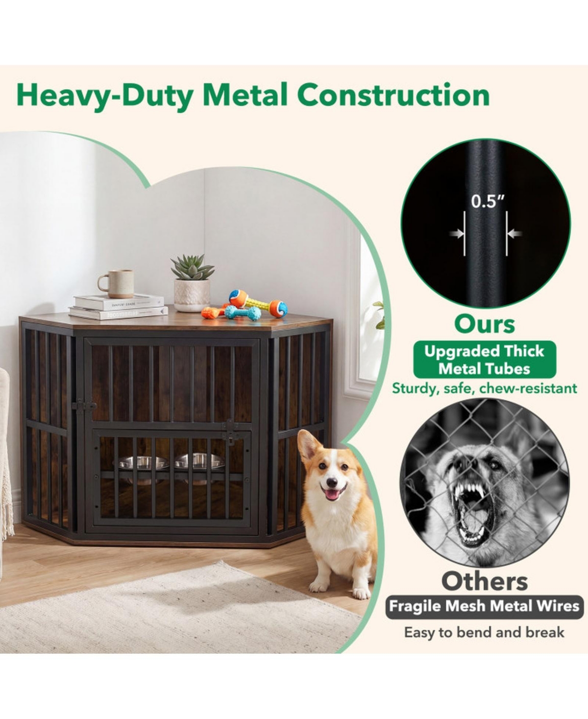 Sugift 35.5 in Wooden Dog Kennel End Table with 3-Position Dog Bowl Rack