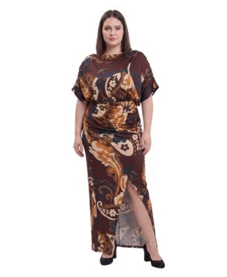 Plus Size Soft Stretch Paisley Maxi Boat Neck Dress