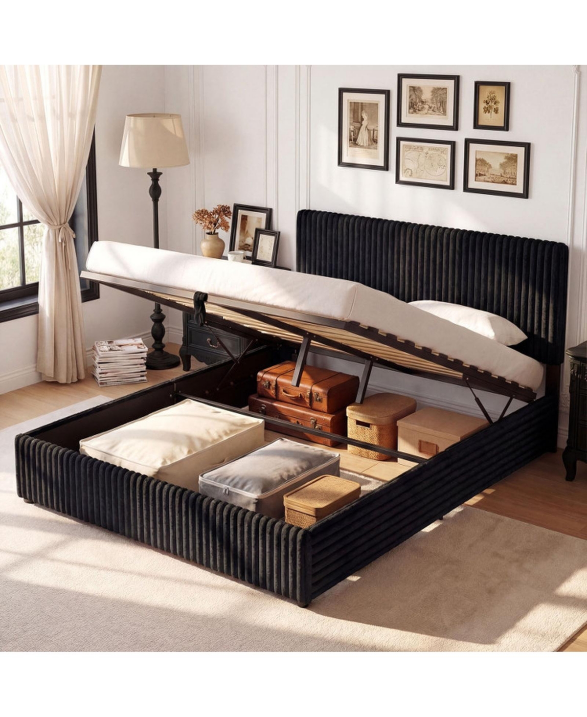 Sugift Queen Size Lift-up Storage Bed with Wooden Slat Support