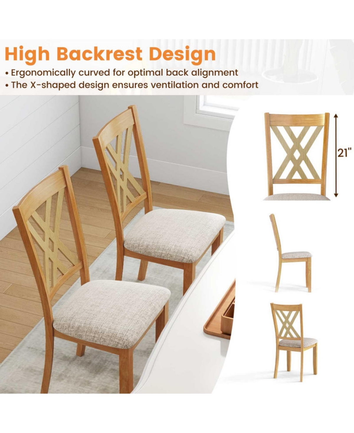 Sugift Set of 4 Linen Upholstered Wooden Dining Chairs with Rubber Wood Frame for Dining Room