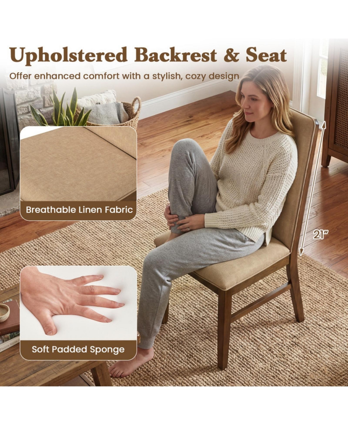 Sugift Set of 2 Upholstered Dining Chairs with Solid Rubber Wood Legs