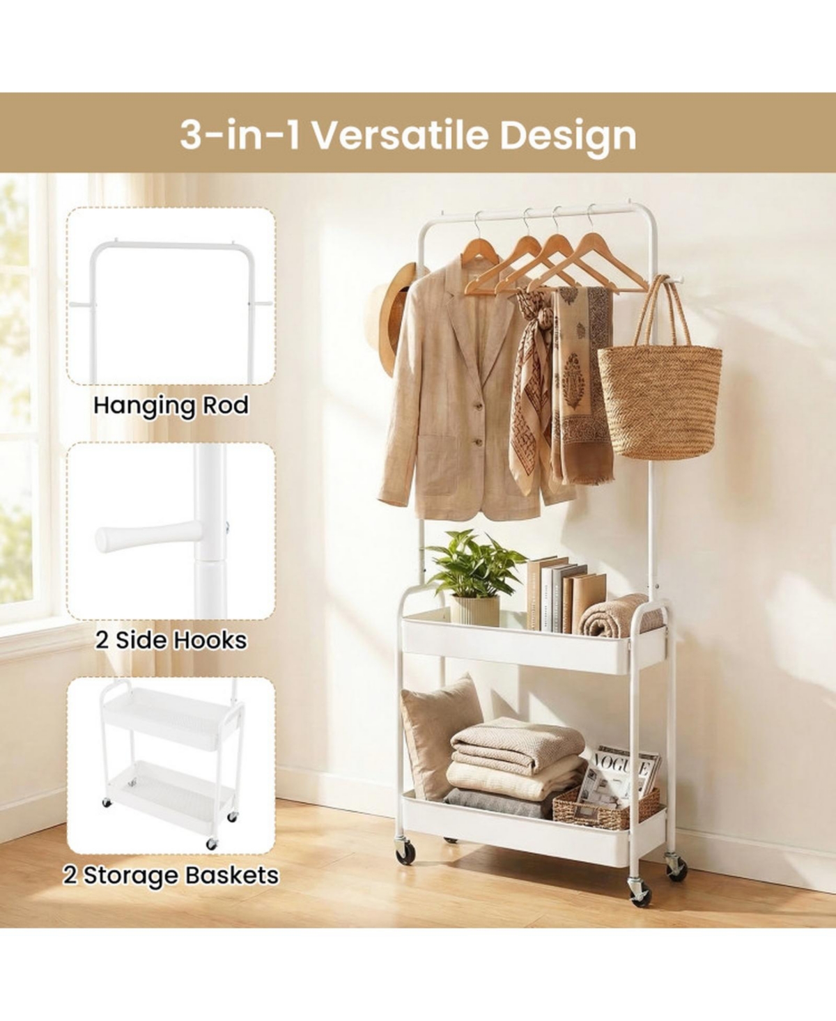 Sugift Heavy-Duty Laundry Cart with Hanging Rod 2 Storage Baskets and 2 Side Hooks for Bedroom