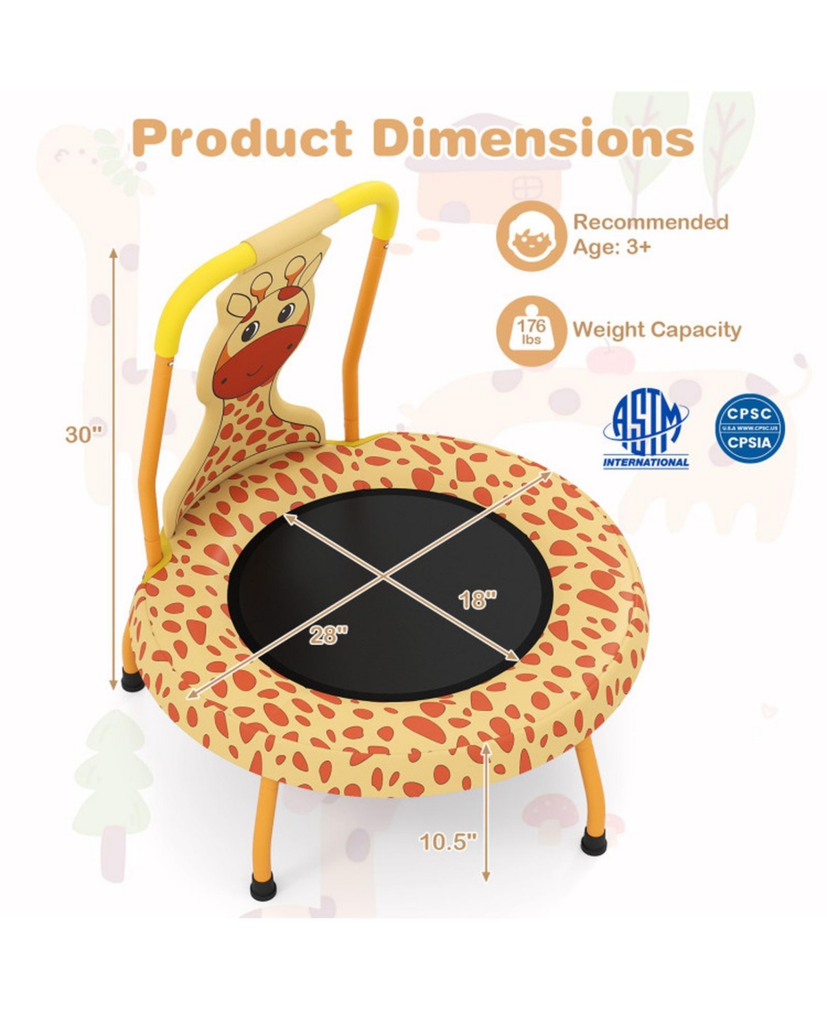 Sugift Mini Trampoline with Foam-Padded Handle and Padded Cover, 28" x 30", 176 lbs Capacity, Ages 3-6