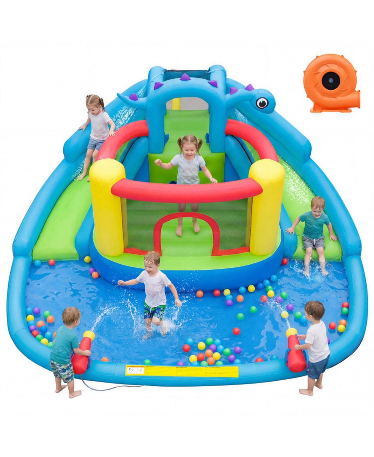 Детская игрушка HONGGE Dinosaur-Themed Double-Slide Inflatable Bounce House with Splash Pool, 158" x 136" x 82.5", For 3 Players, Ages 3-10, цвет: Синий разноцветный — фото 3