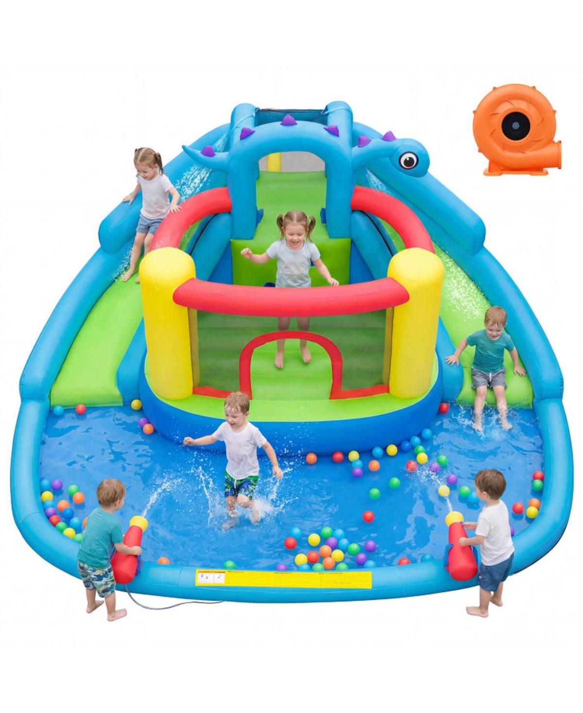 Hongge Dinosaur-Themed Double-Slide Inflatable Bounce House with Splash Pool, 158" x 136" x 82.5", For 3 Players, Ages 3-10