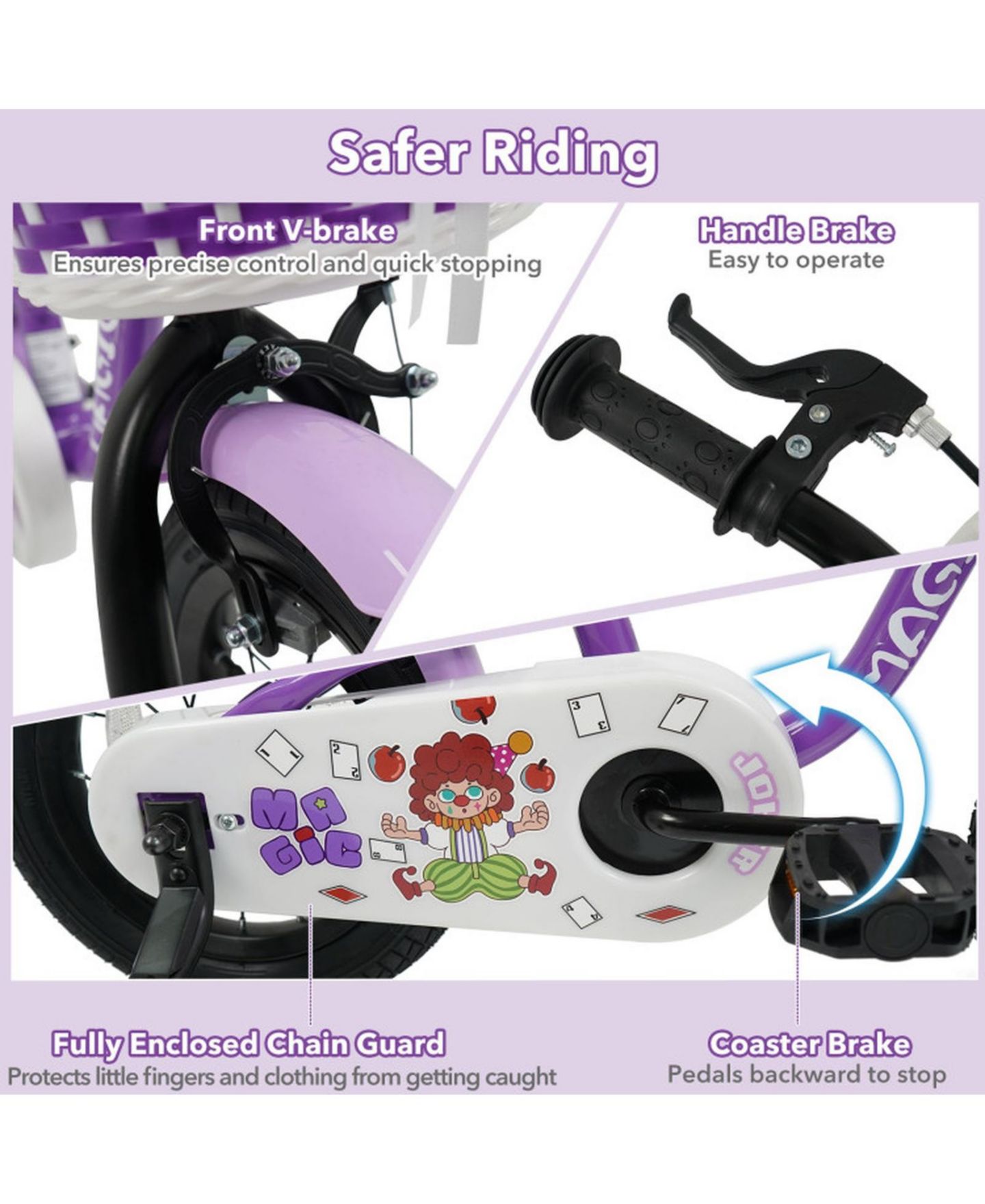 Детская игрушка HONGGE 12-Inch Kids' Bike with Detachable Training Wheels and Adjustable Seat, 110 lbs Capacity, Ages 3–8, цвет: Фиолетовый — фото 4