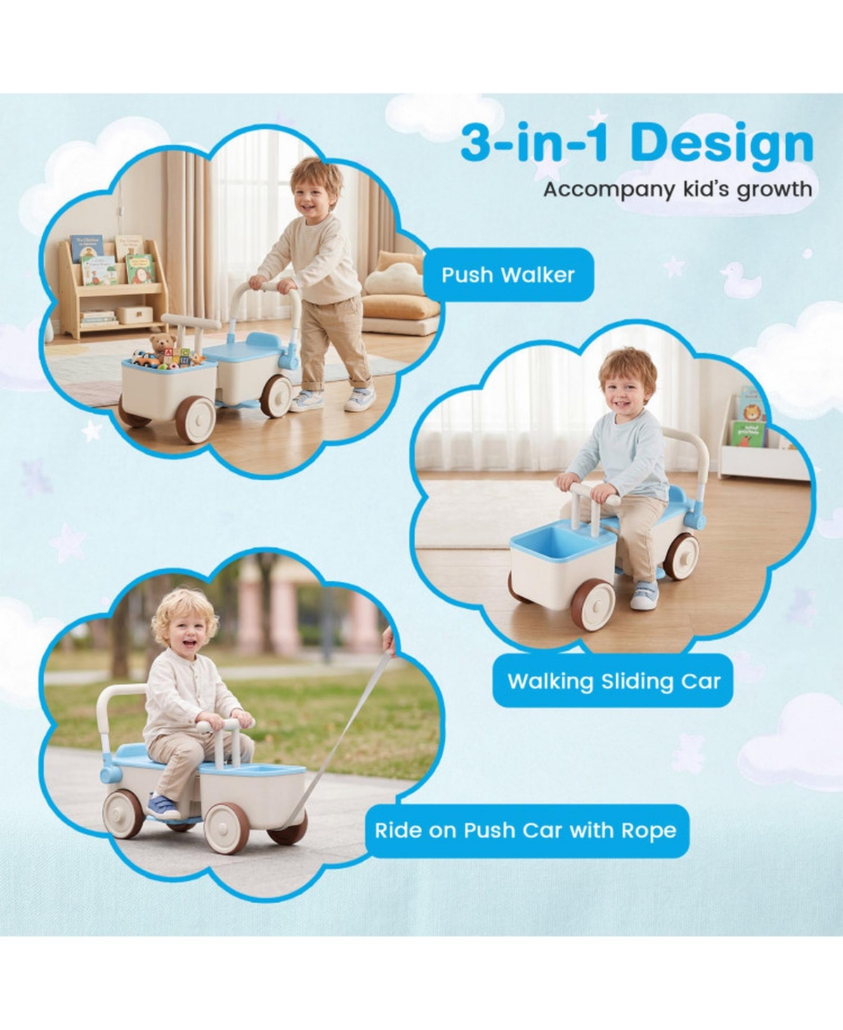 Hongge 3-in-1 Kids Ride-On Push Car with Tow Rope, 44 lb Capacity, Ages 3-6
