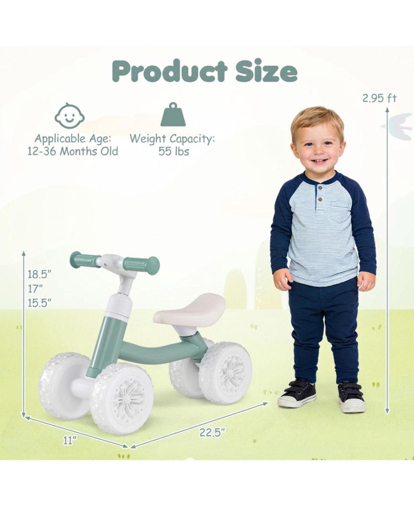 Детская игрушка HONGGE Baby Balance Bike with Light-Up Wheels and Adjustable Seat and Handlebar, 55 lb. Capacity, Ages 1-3, цвет: Зелёный — фото 3