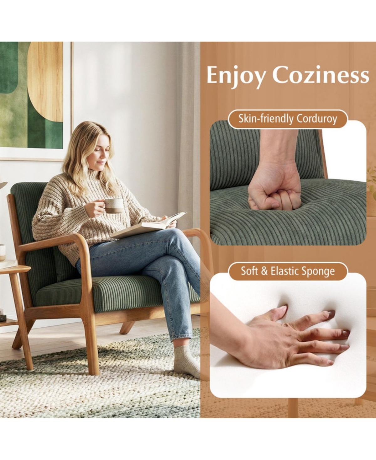 Sugift Corduroy Upholstered Accent Lounge Chair with Lumbar Pillow