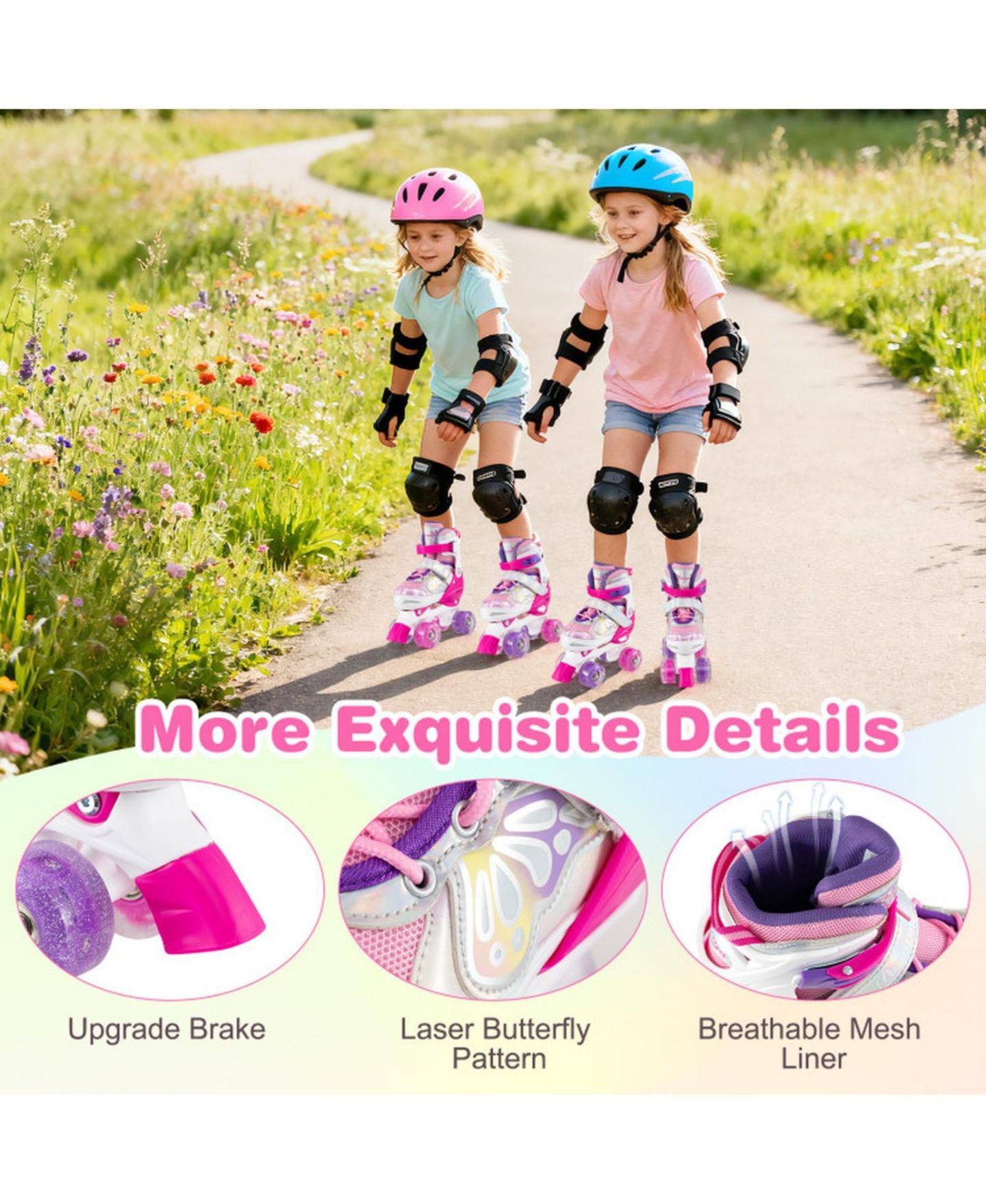 Детские игрушки HONGGE 4-Size Adjustable Kids Quad Roller Skates with Light-Up Wheels, Ages 5-8, цвет: Розовый красный — фото 4