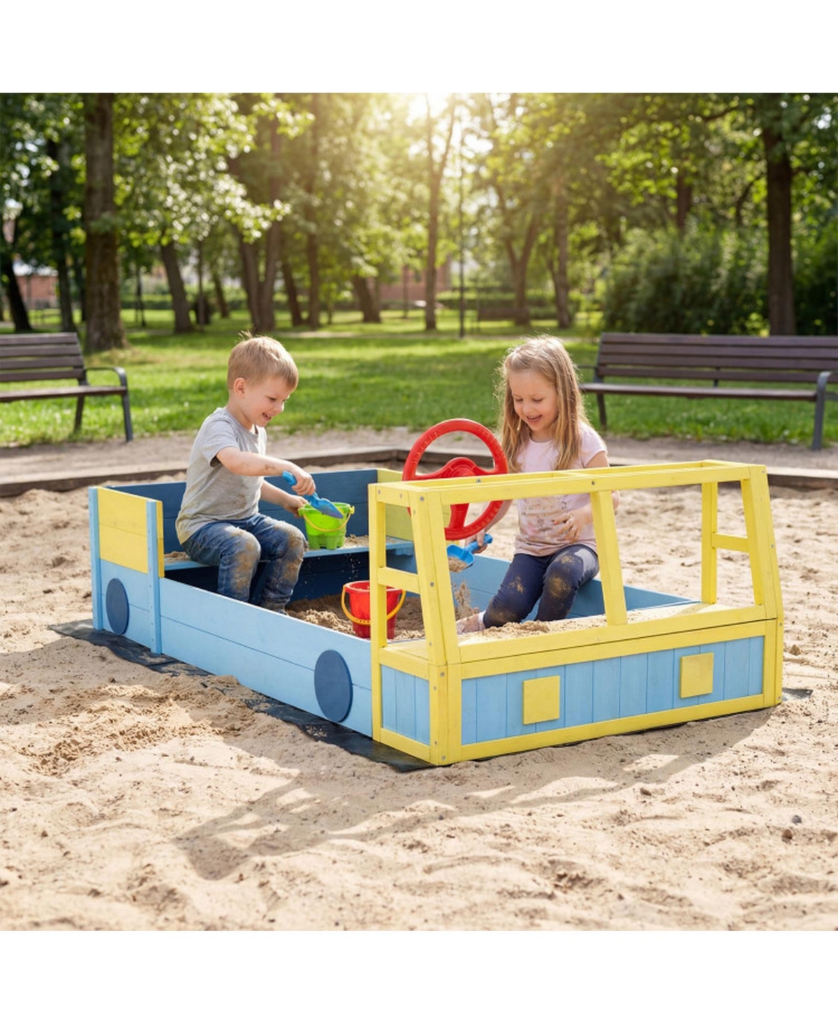Hongge Fire Truck Wooden Sandbox, 63" x 34" x 23", Foldable Bottom Liner, Seats 2, Ages 18 Months+