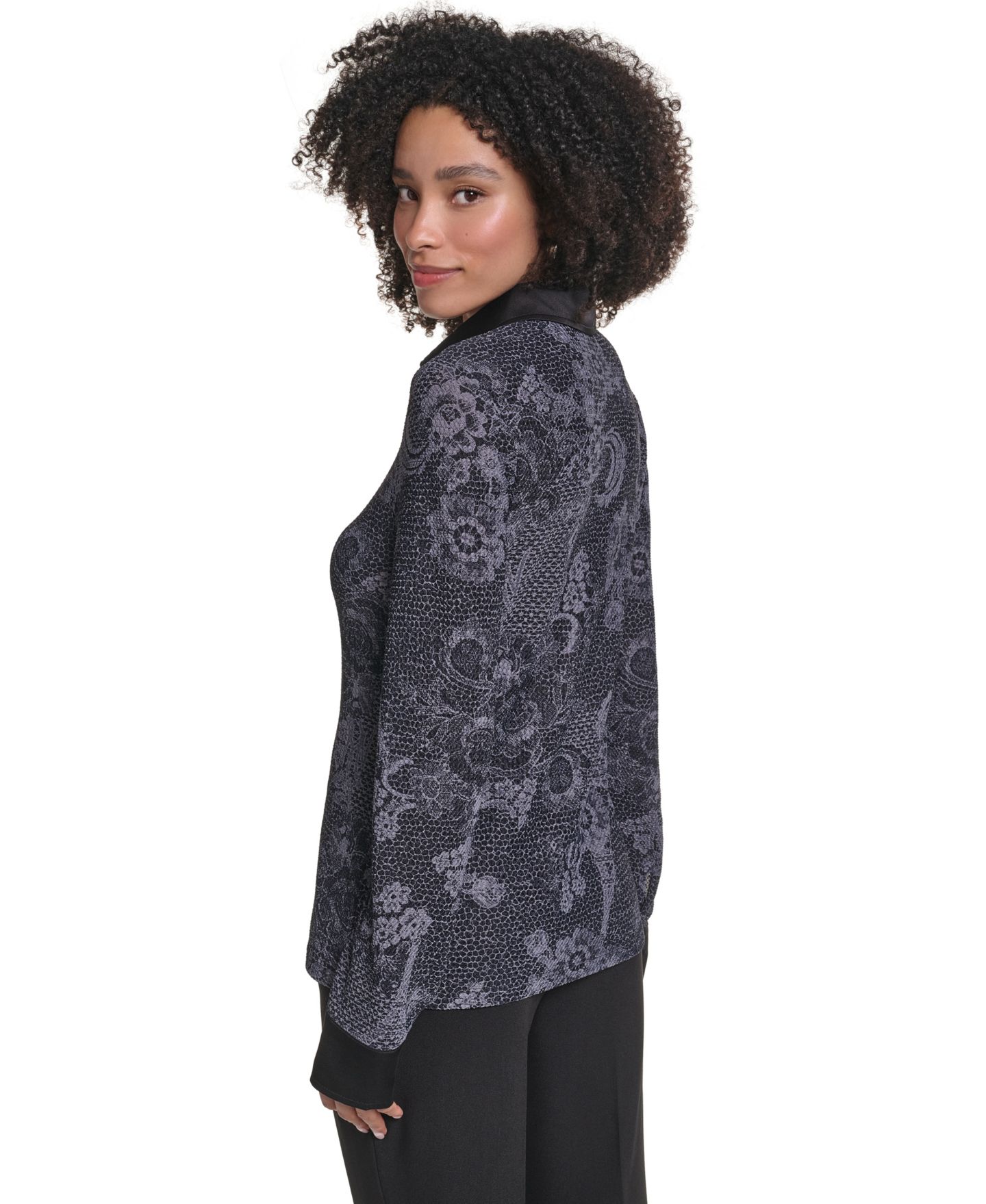 Женская блузка KARL LAGERFELD PARIS Petite KL2008 Long-Sleeve Button-Up Point Collar Blouse, цвет: Чёрный / Графитовый меланжевый — фото 5