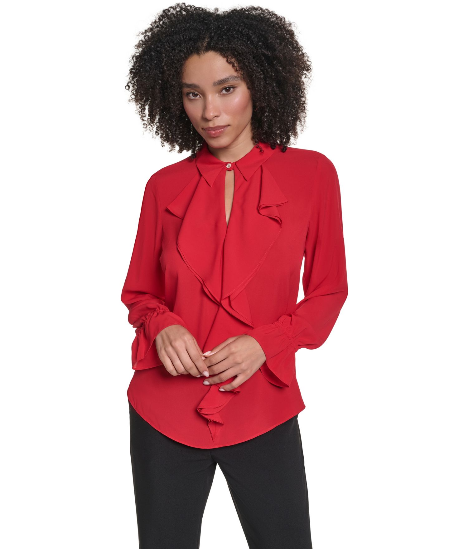 Женская блузка KARL LAGERFELD PARIS Petite Long-Sleeve Collared Ruffled Blouse, цвет: Красный — фото 3