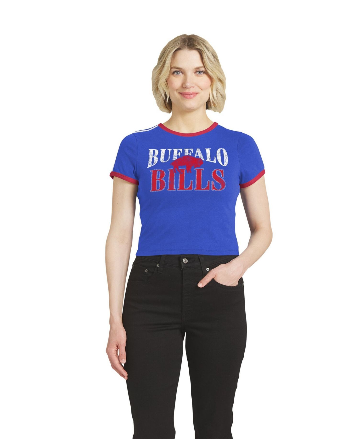 Women's Royal Buffalo Bills Cropped Throwback Ringer Baby T-Shirt