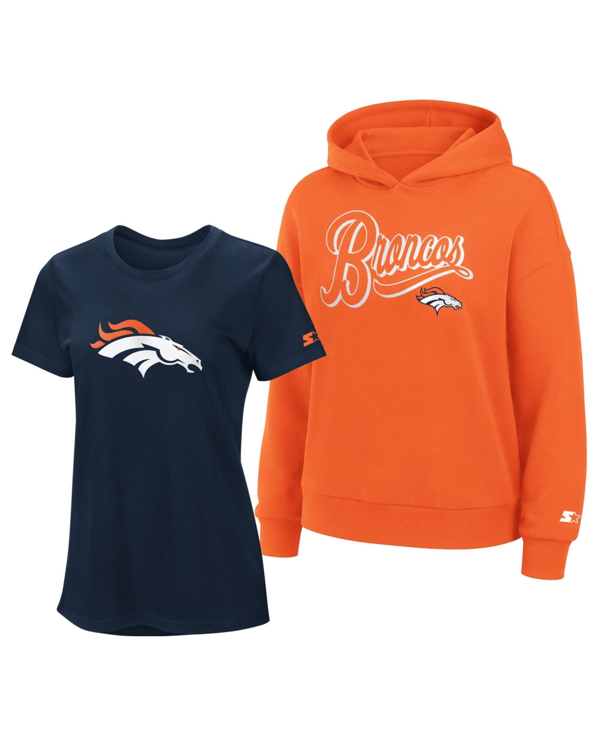 Starter Women's Navy/orange Denver Broncos Hoodie T-shirt Combo Pack In Navy,orange