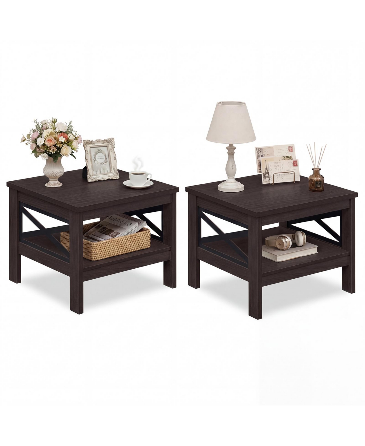 Costway - 2 PCS End Table with Storage Shelf & X-Frame, 24" Farmhouse Nightstand for Bedroom - Brown