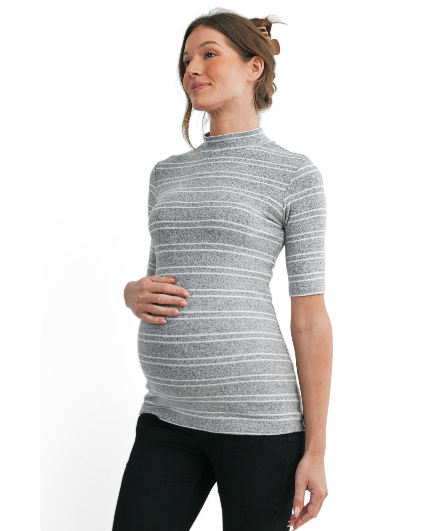 Maternity Mock-Neck Striped Fitted Top