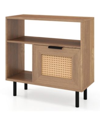 Accent Side End Table with Rattan Cabinet Doors and Open Compartments