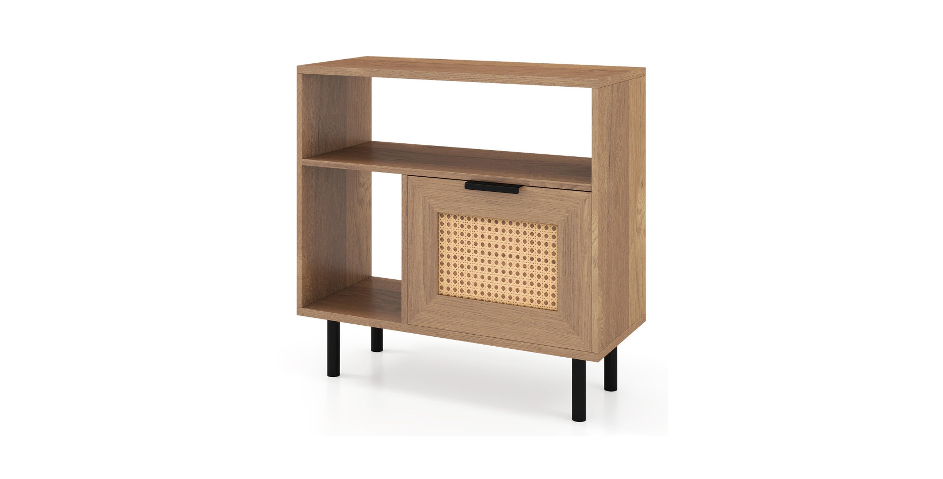 Gouun Accent Side End Table with Rattan Cabinet Doors and Open Compartments