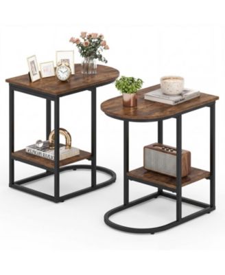 Set of 2 C-Shaped Sofa Side Tables with 2-Tier Storage Shelf