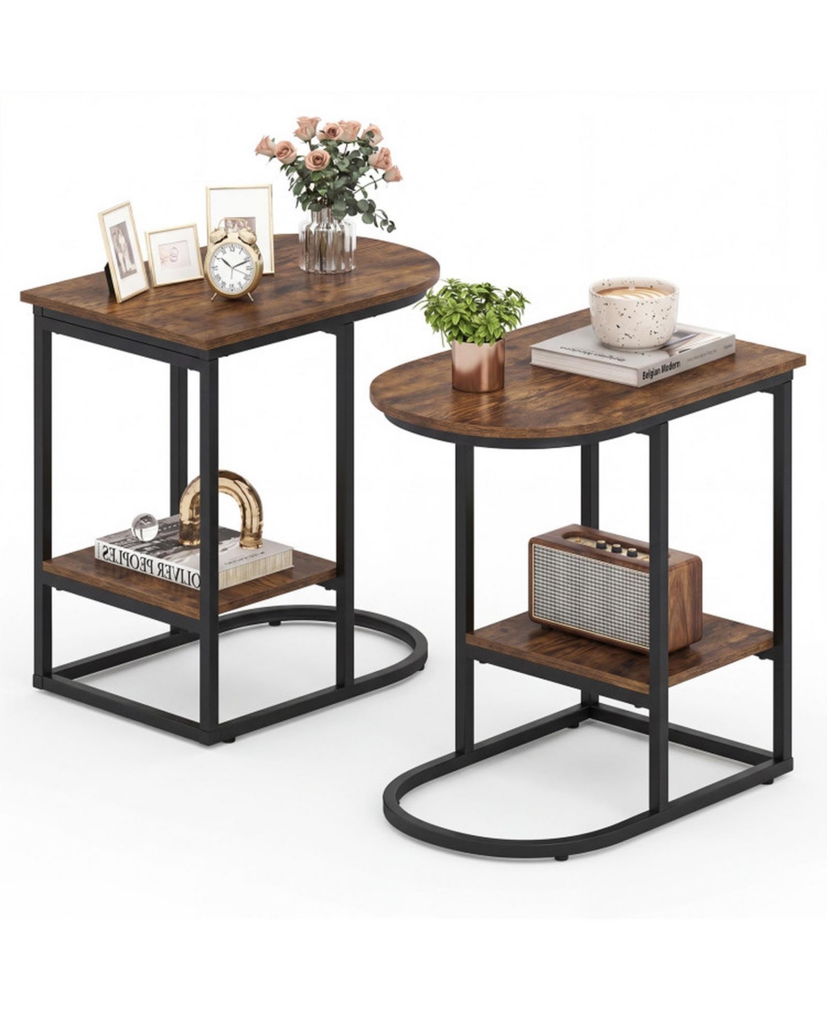 Gouun Set of 2 C-Shaped Sofa Side Tables with 2-Tier Storage Shelf