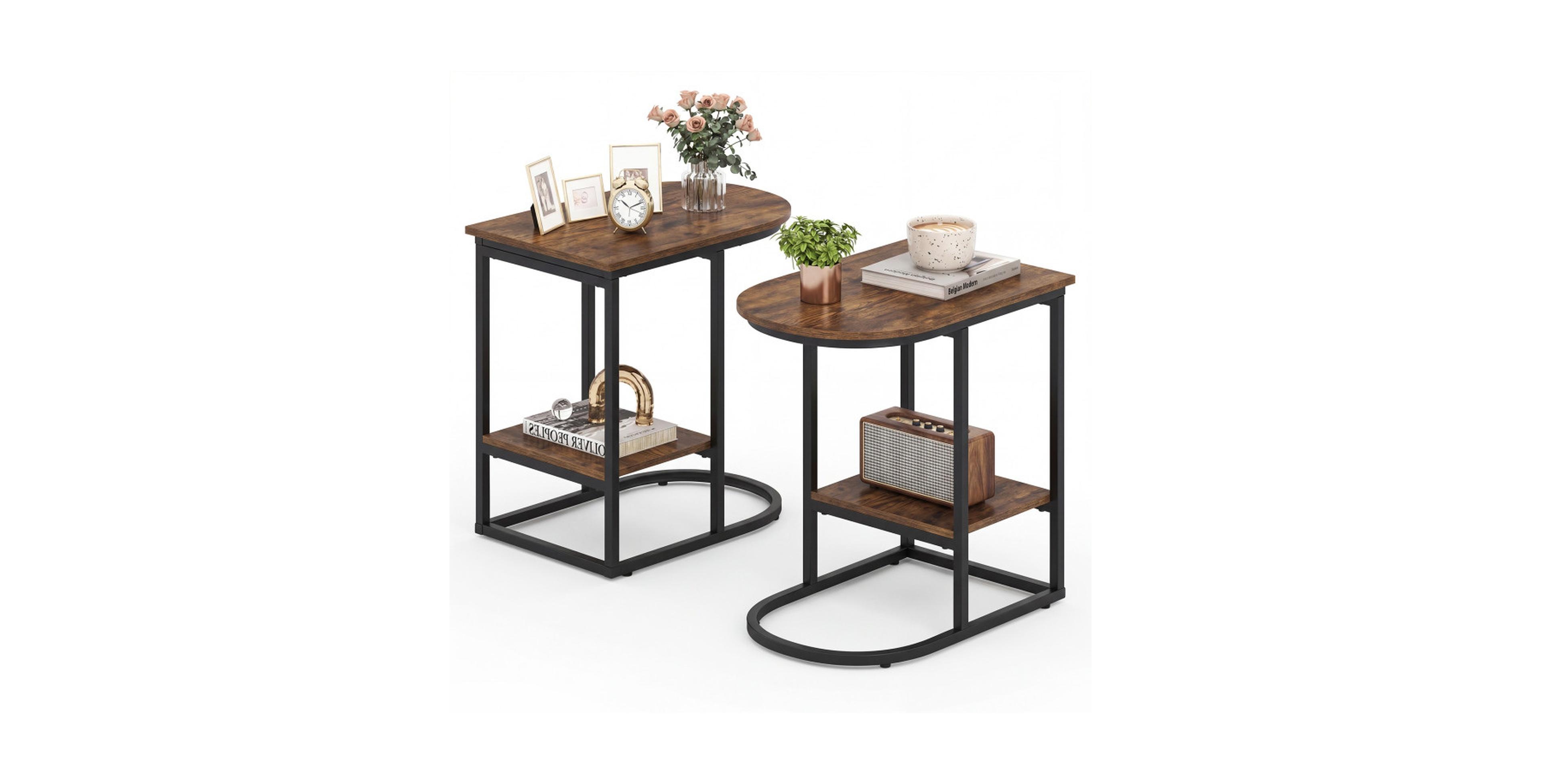 Gouun Set of 2 C-Shaped Sofa Side Tables with 2-Tier Storage Shelf