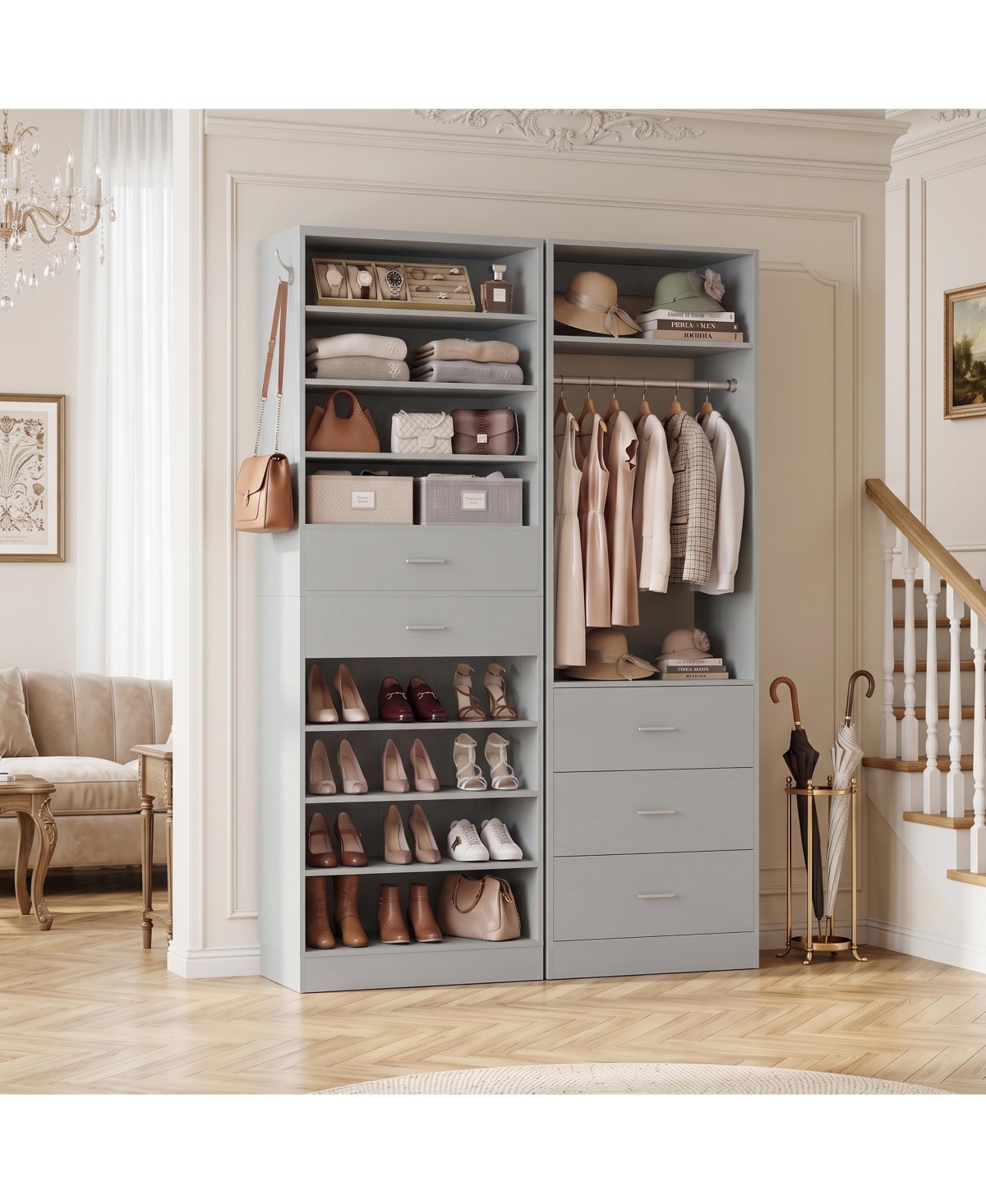 Aheaplus Closet Organizer Set with 5-Drawers and Shoes Rack, Wood Closet System - Gray