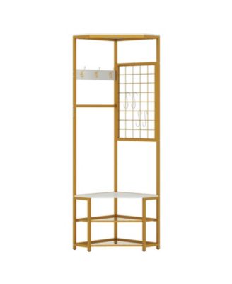 Corner Hall Tree with 4-Tier Storage Shelves and Removable S-Shaped Hooks