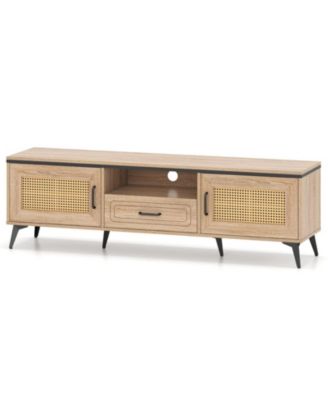 59 Inch Mid-Century Entertainment Center with Faux Rattan Cabinet Doors