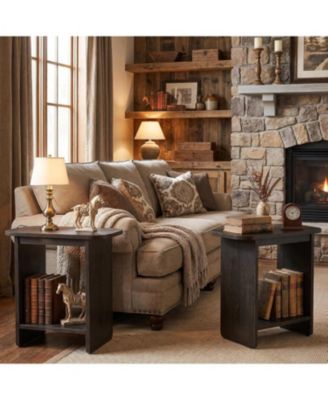 Solid Wood Side Table Set of 2, H-Shaped 2-Tier End Table