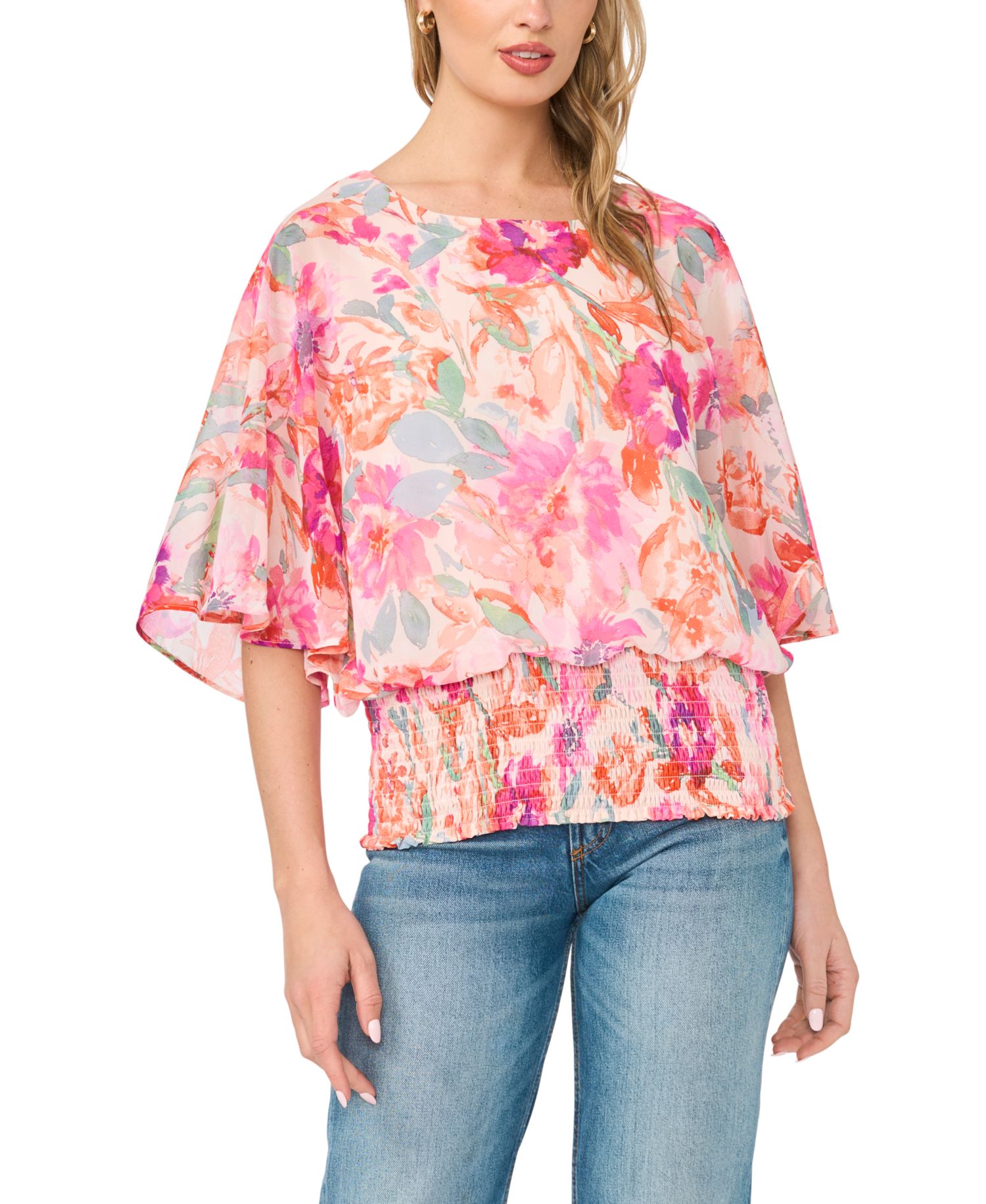 Women's Smocked Waist Floral-Print Dolman-Sleeve Blouse